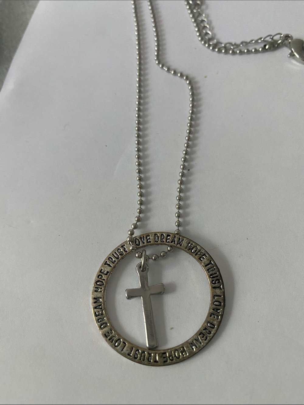 Silver Cross Pendant Circle Necklace - Inspirational Words